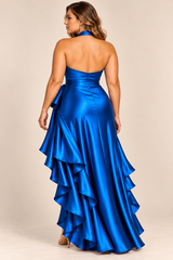 Plus-Size High-Low Ruffled Satin Maxi Dress