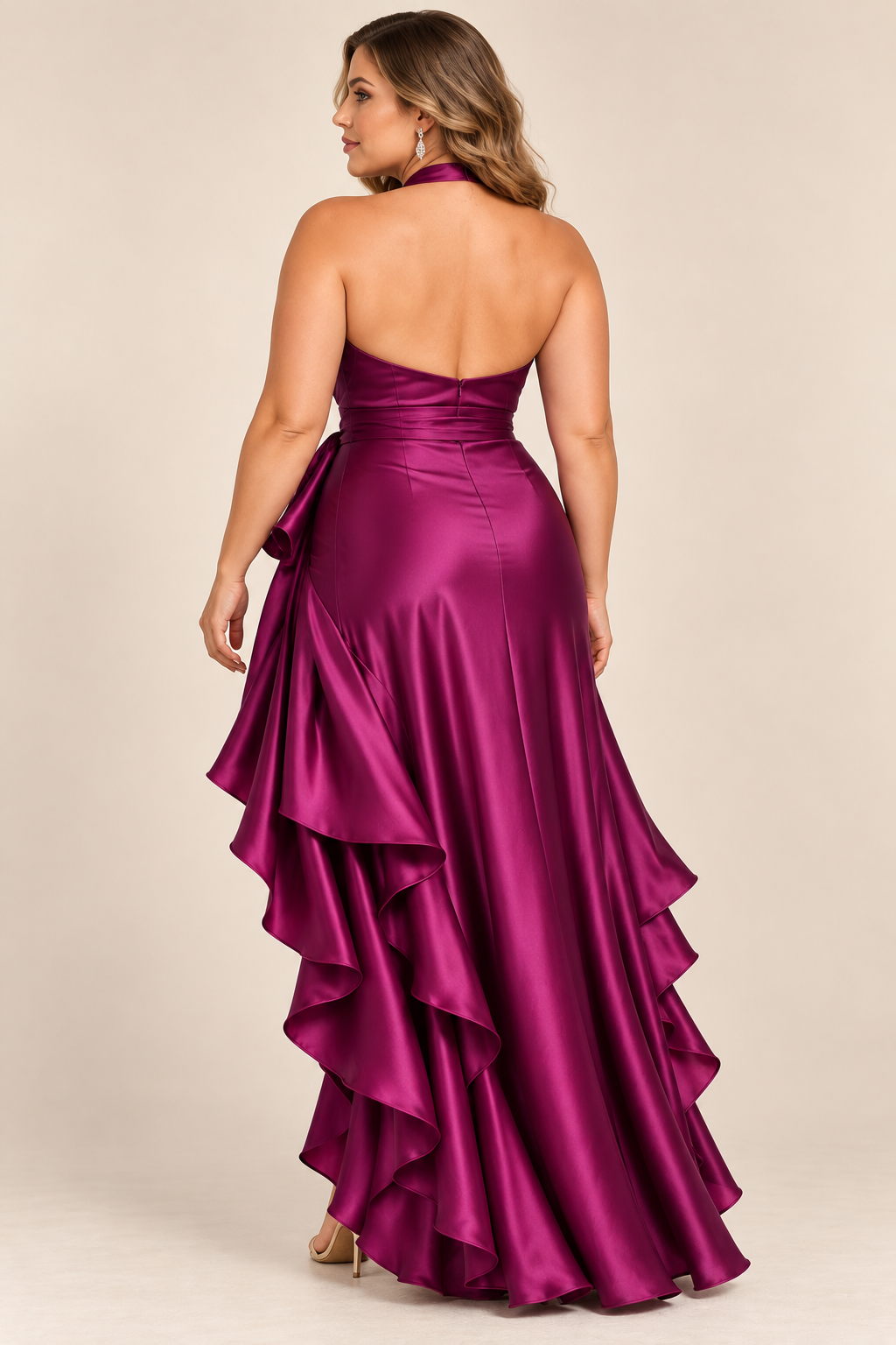 Plus-Size High-Low Ruffled Satin Maxi Dress