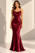 Burgundy pearl-strap cowl-neck satin maxi dress, front view.
