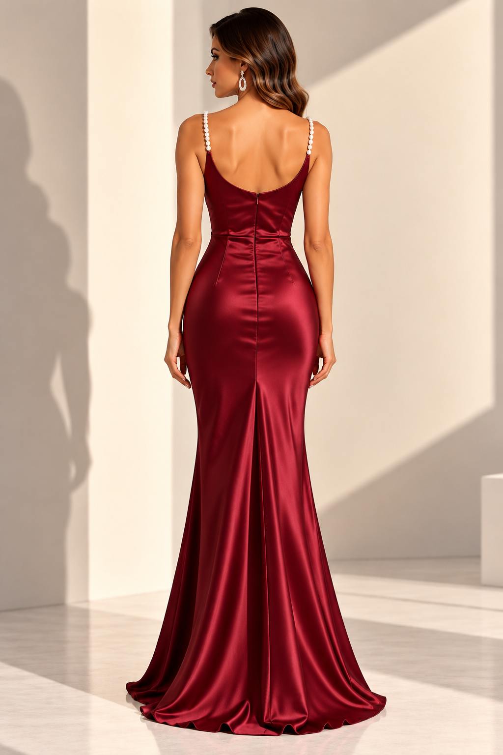 Pearl-Strap Cowl-Neck Satin Maxi Dress
