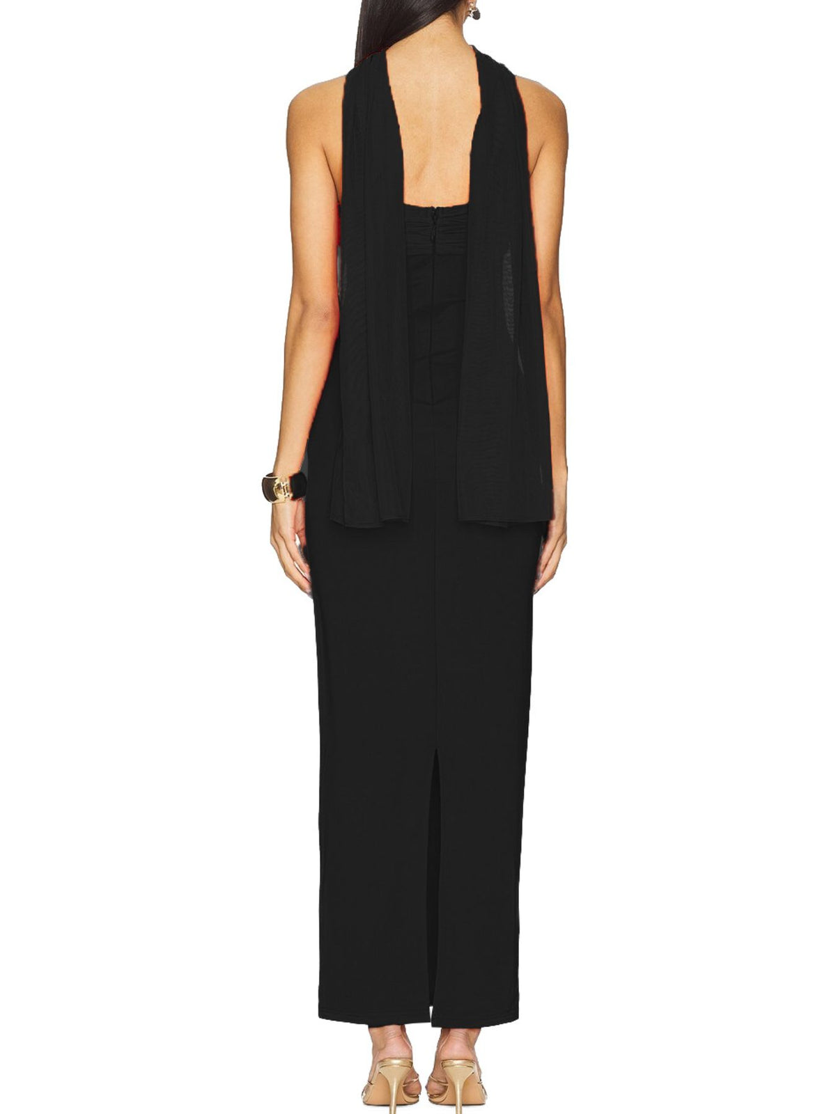Black strapless long dress with matching neck scarf, back view
