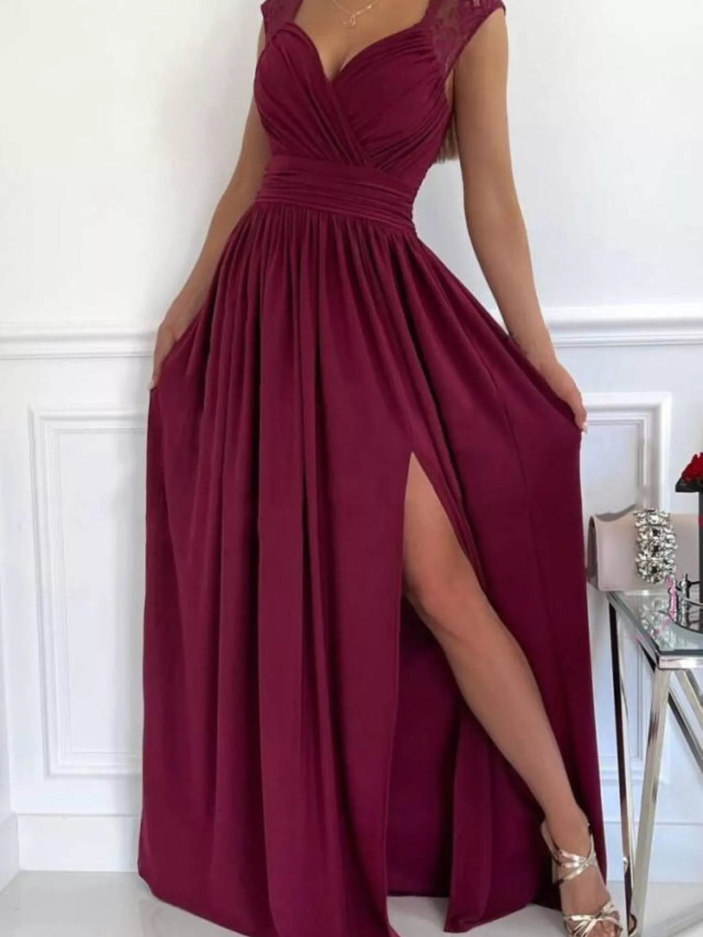 High slit lace detail maxi dress front view