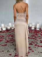 One-Shoulder Ruched Satin Dress with High Slit - product view 2