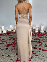 One-Shoulder Ruched Satin Dress with High Slit - product view 2