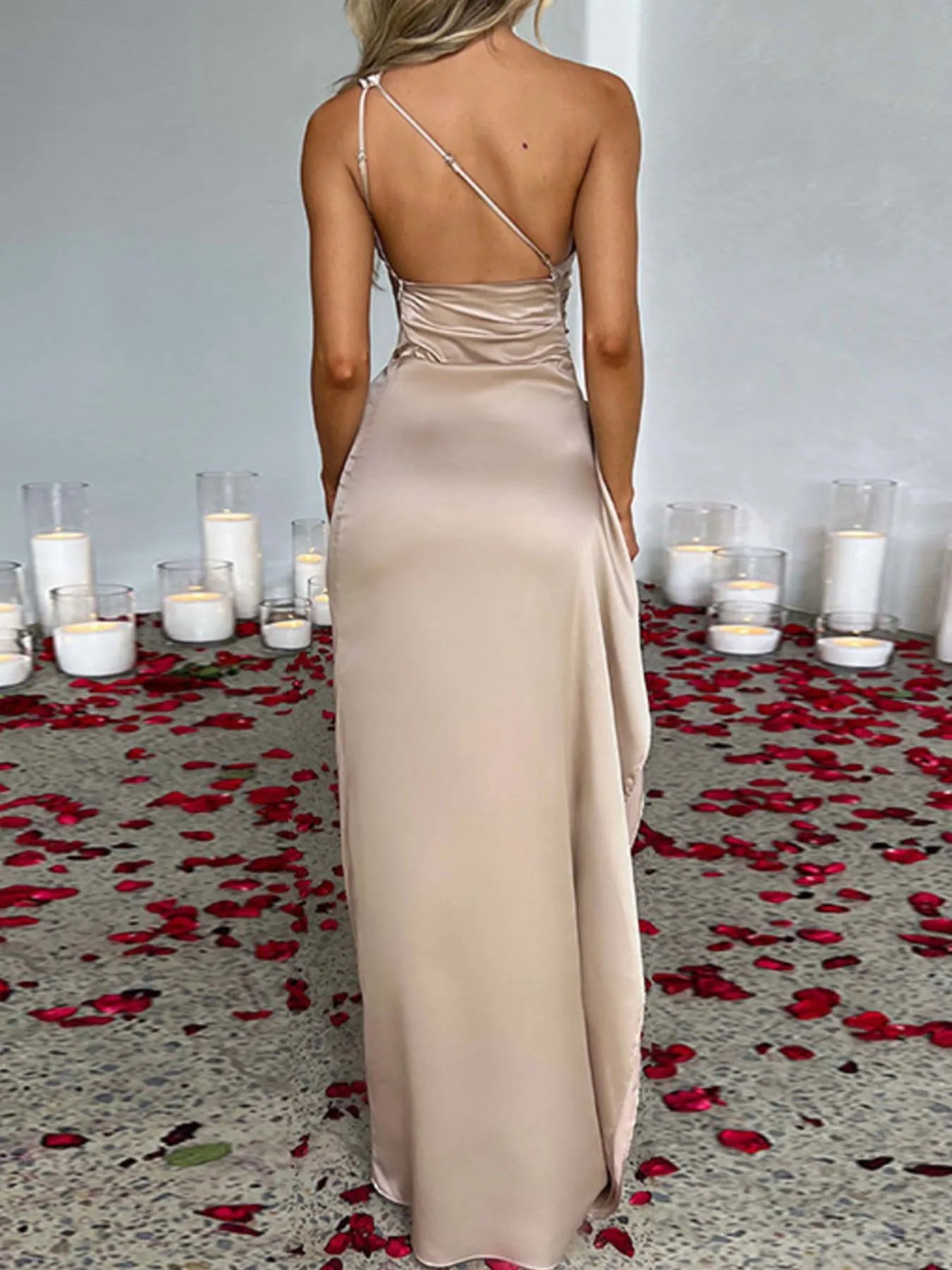One-Shoulder Ruched Satin Dress with High Slit - product view 2