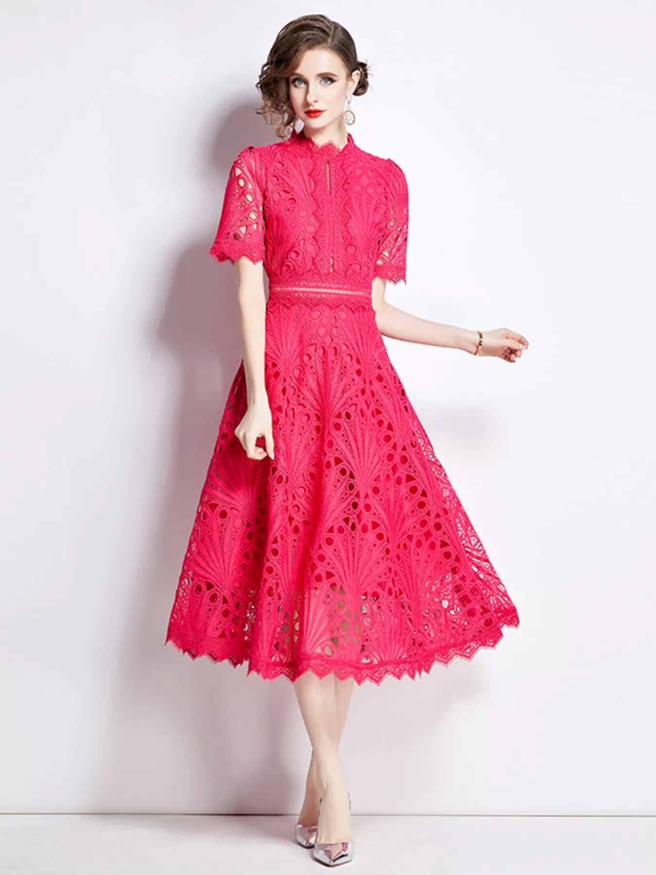Plus Size Lace Midi Dress with Short Sleeves – alternate view 13