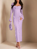 Lavender floral ruffle maxi dress, front view.