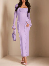 Lavender floral ruffle maxi dress, front view.
