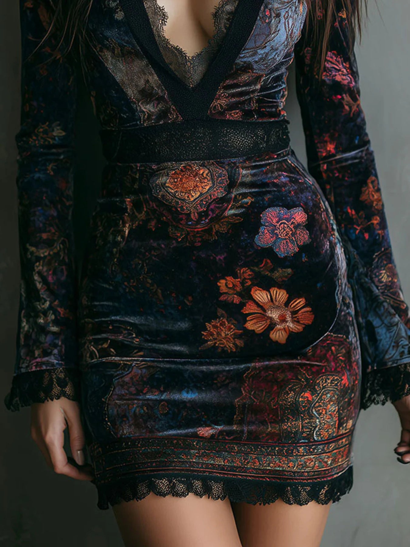 Floral velvet mini dress lace detail