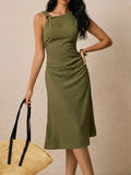 Green asymmetrical-neck ruched midi dress front view