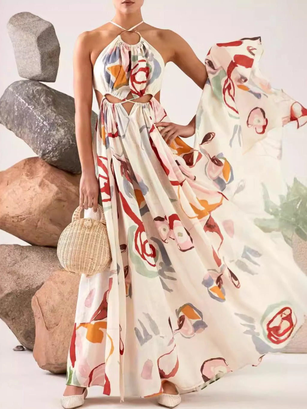 White Printed Halter-Neck Cutout Maxi Dress - product view 2