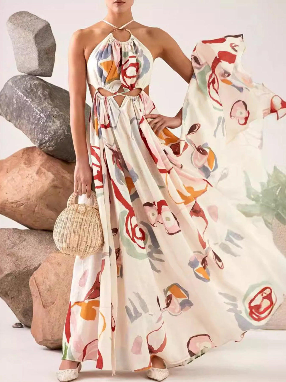White Printed Halter-Neck Cutout Maxi Dress - product view 2