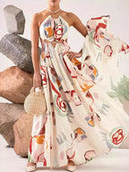 White Printed Halter-Neck Cutout Maxi Dress - product view 2