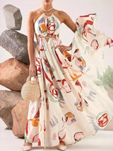 White Printed Halter-Neck Cutout Maxi Dress - product view 2