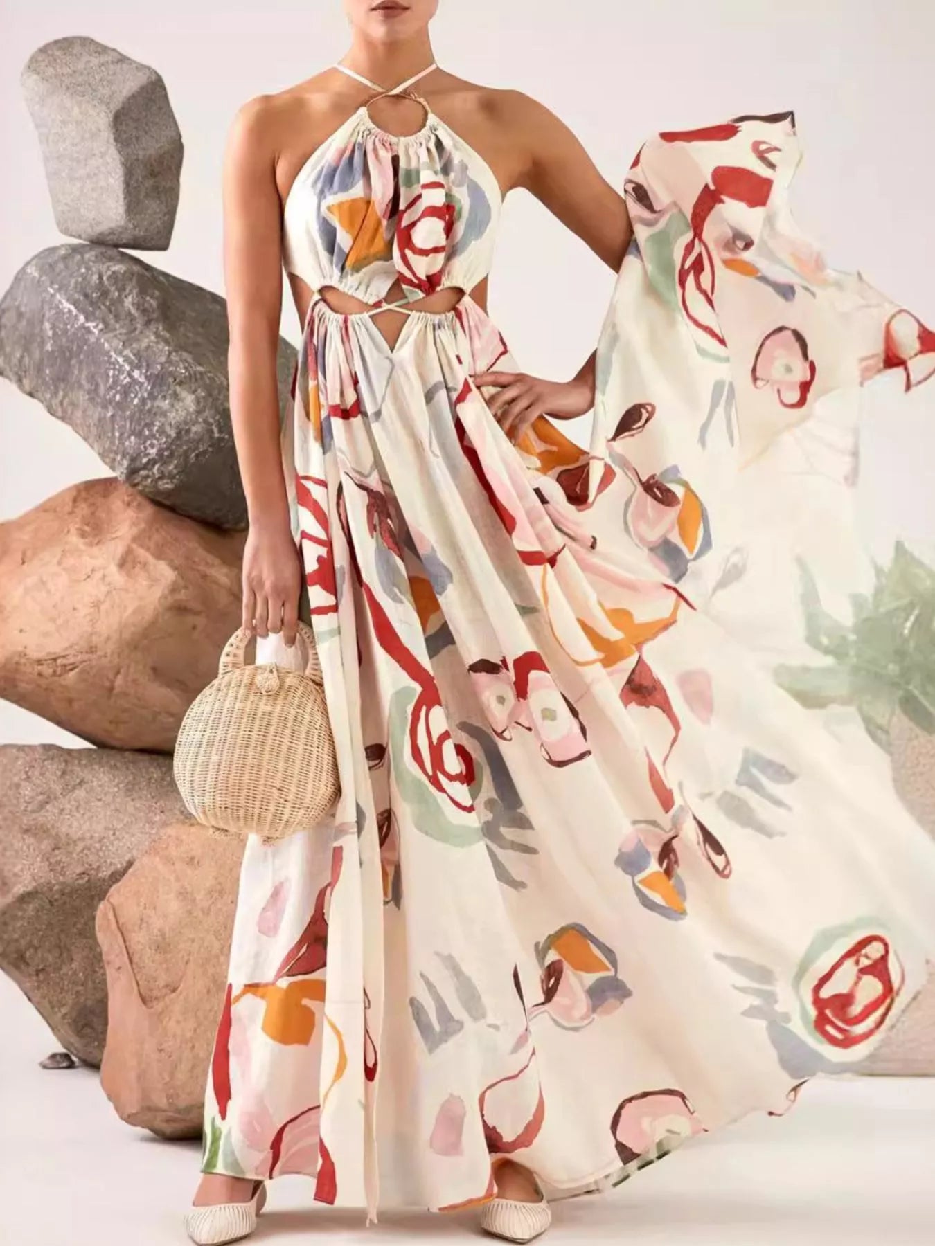 White Printed Halter-Neck Cutout Maxi Dress - product view 2