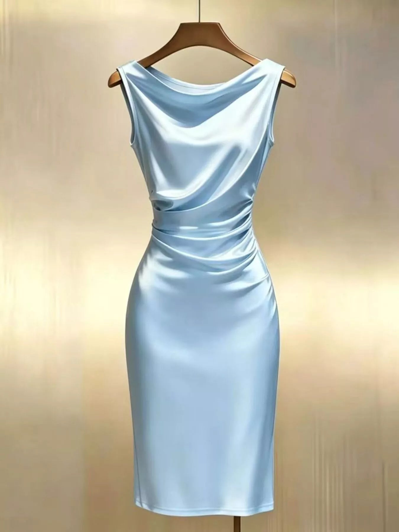 Light blue satin cowl neck dress