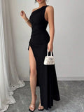 Black one shoulder ruched maxi dress front view