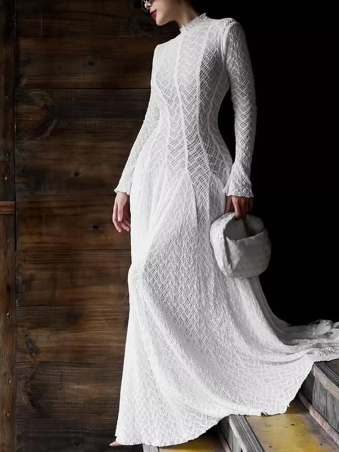 White lace mock-neck long sleeve maxi dress front view