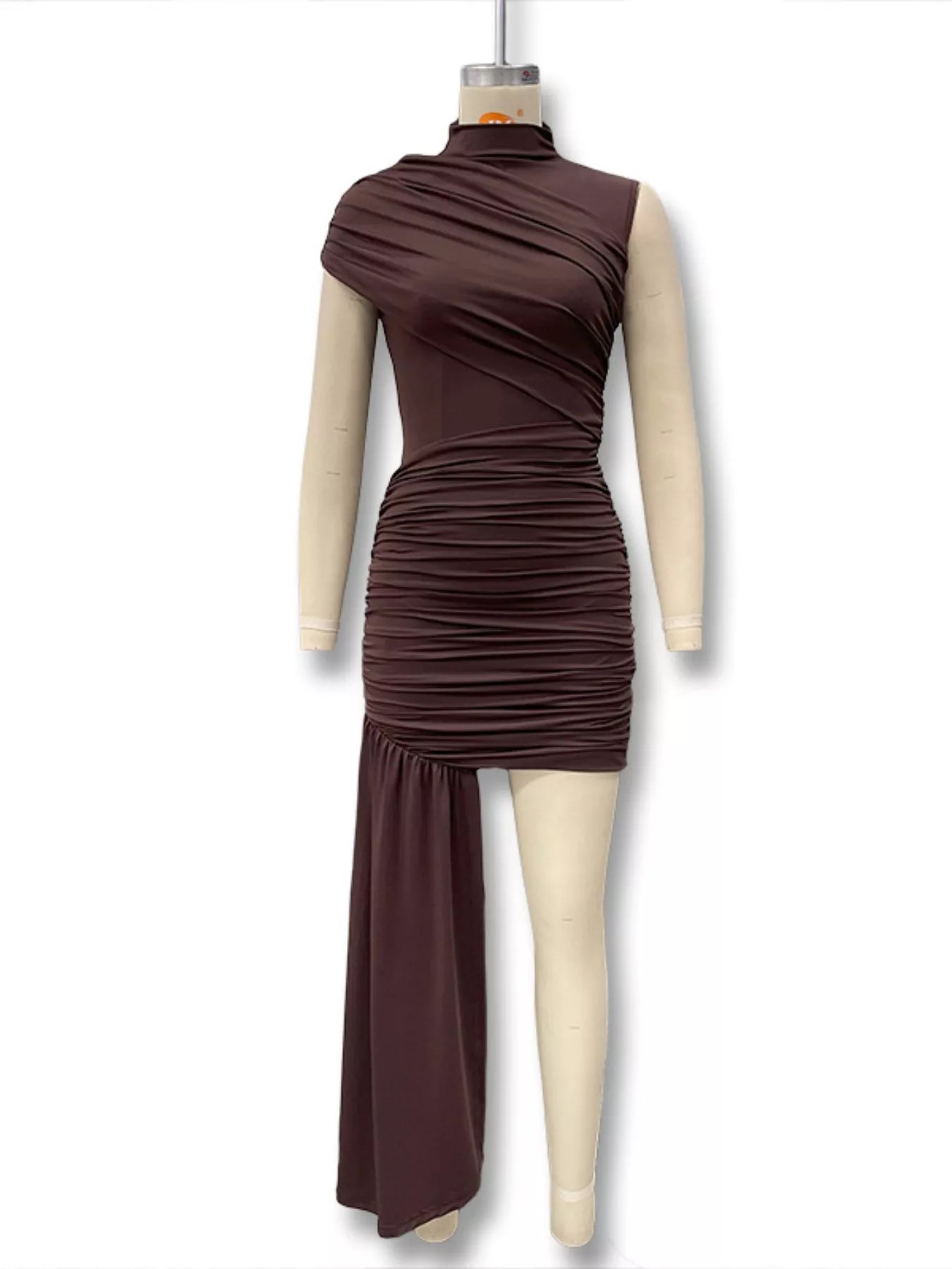 Ruched mock-neck mini dress side view