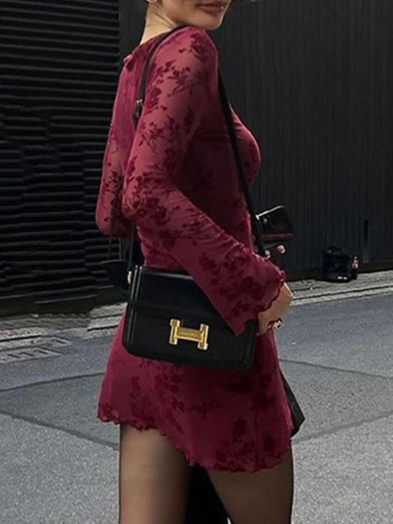 Burgundy mesh mini dress back view