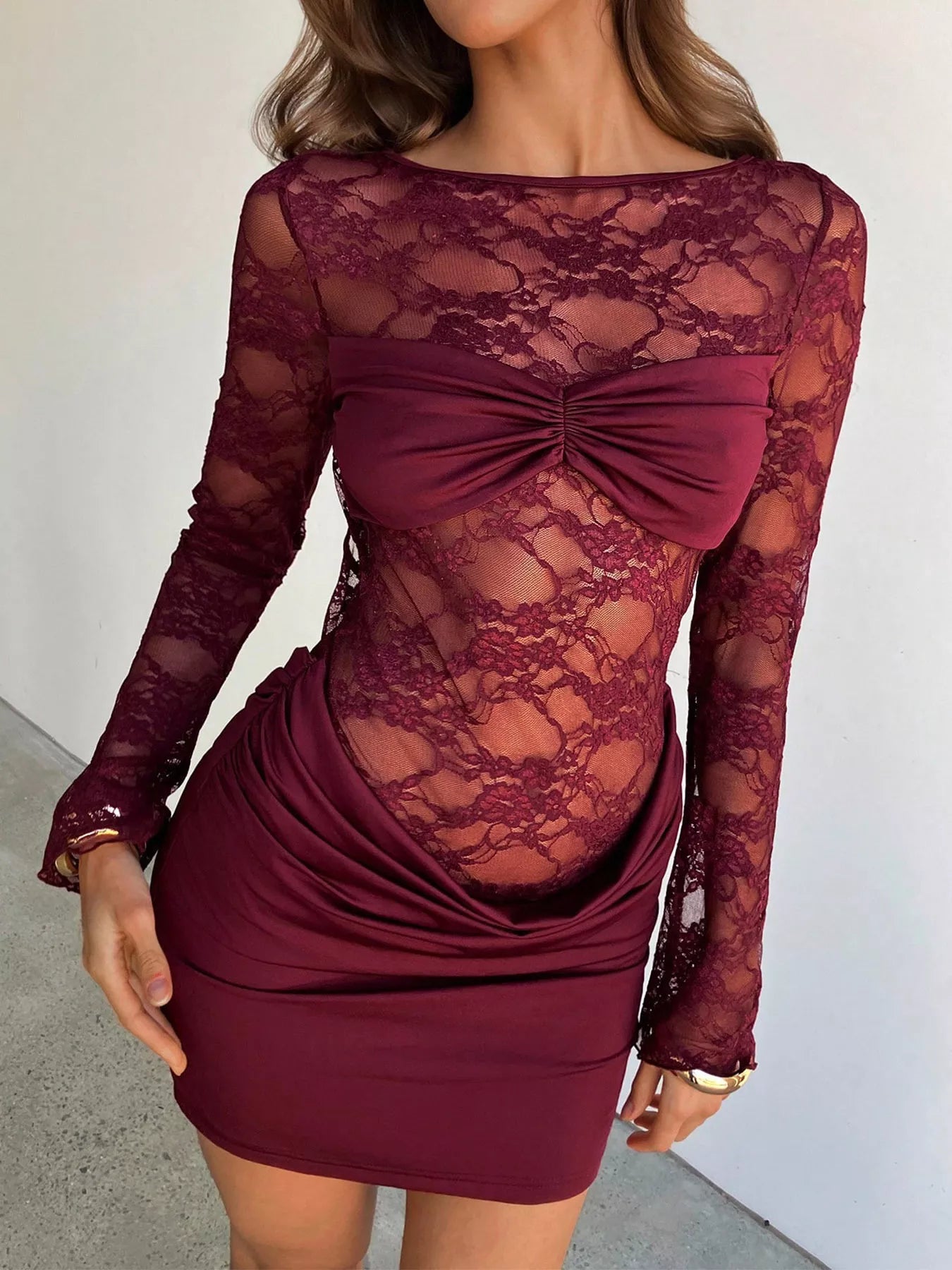 Wine-Red Lace Long-Sleeve Ruched Backless Dress - product view 1