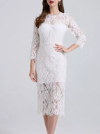 White lace long-sleeve midi dress, front view.