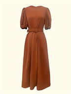 Tan puff-sleeve midi dress fabric detail