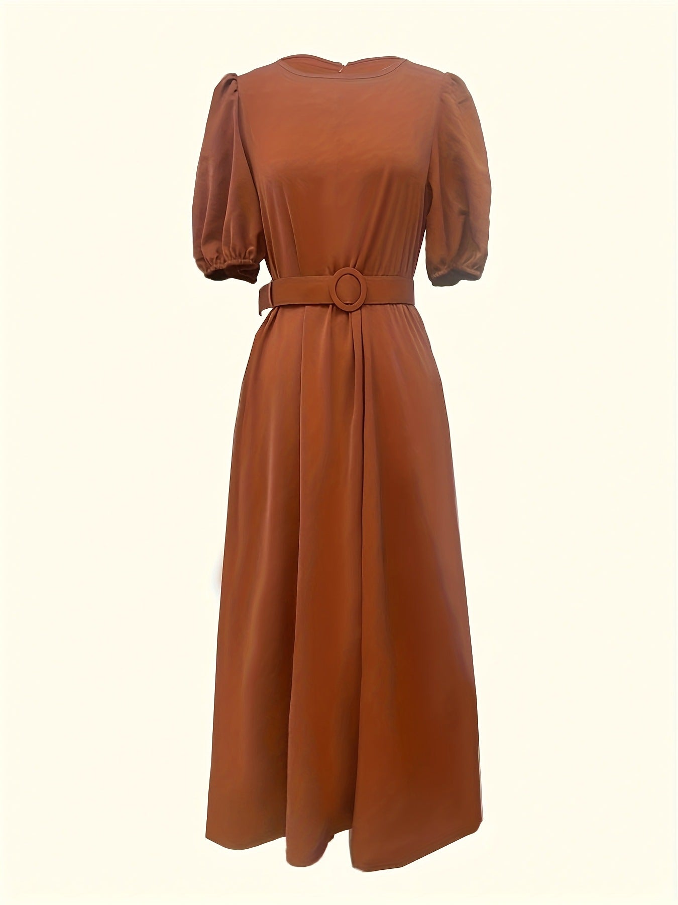 Tan puff-sleeve midi dress fabric detail