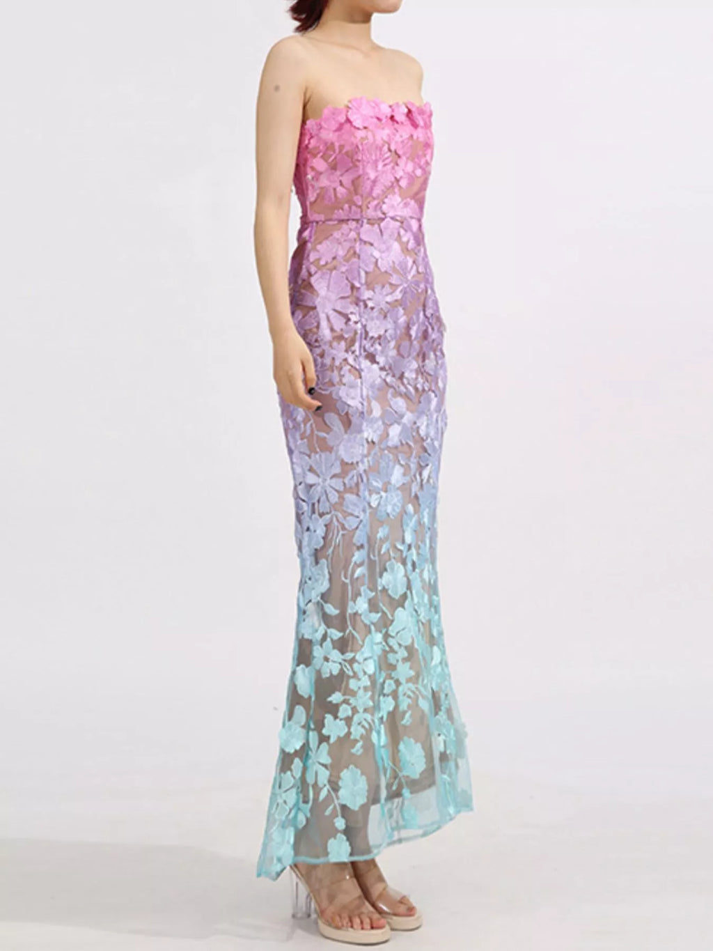 Gradient floral embroidered maxi dress styling
