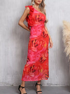Floral ruffle trim maxi dress side view
