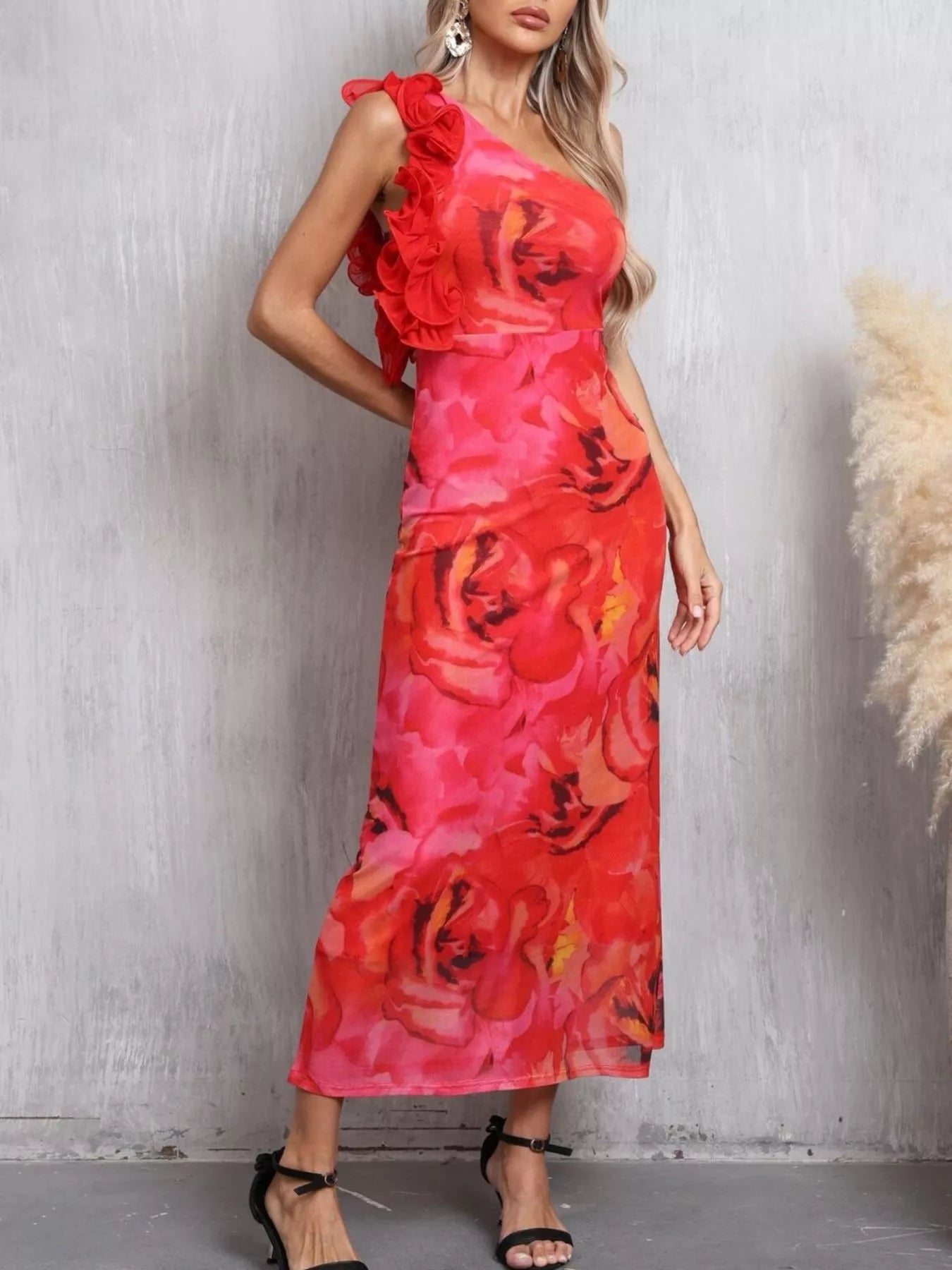 Floral ruffle trim maxi dress side view