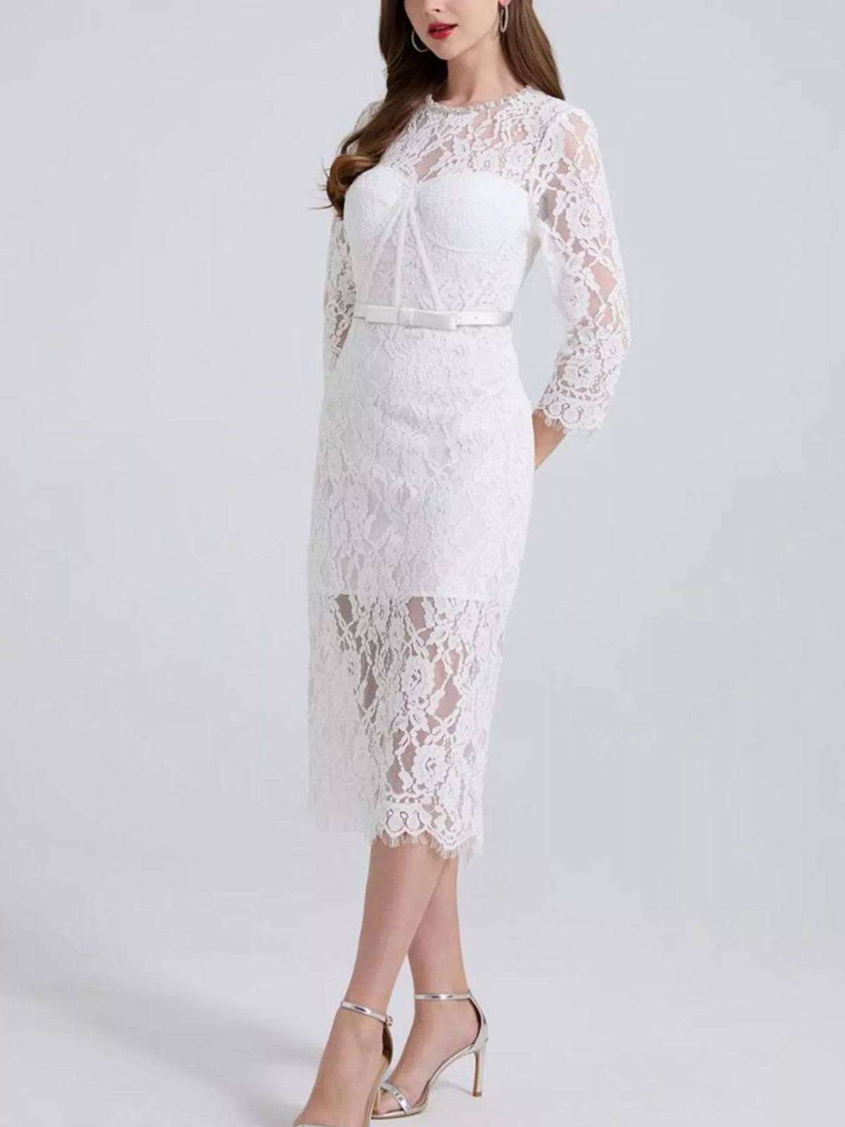 White lace long-sleeve midi dress, front view.