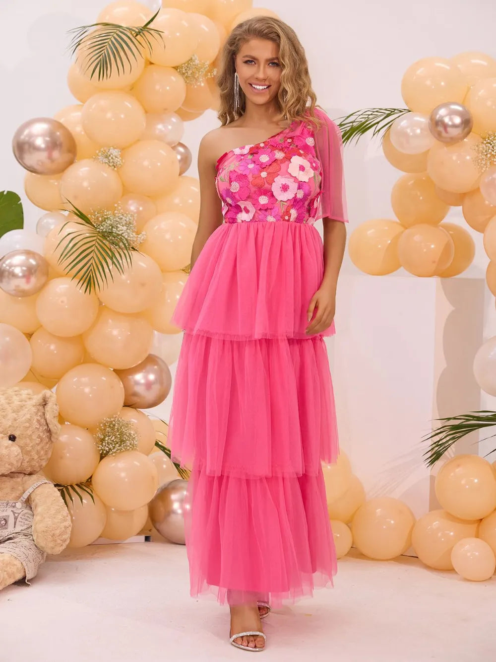 One shoulder embroidered occasion dress detail