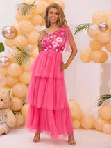 Bright pink one-shoulder tiered embroidered dress, front view