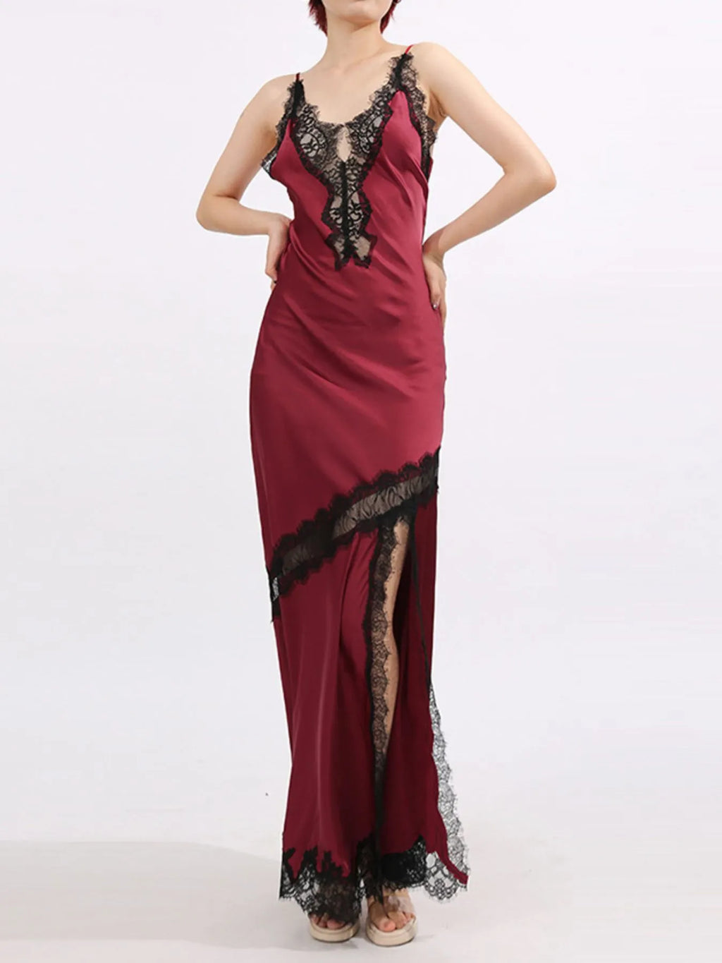 Burgundy lace-detail slit maxi dress full silhouette