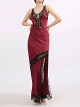 Burgundy lace-detail slit maxi dress full silhouette