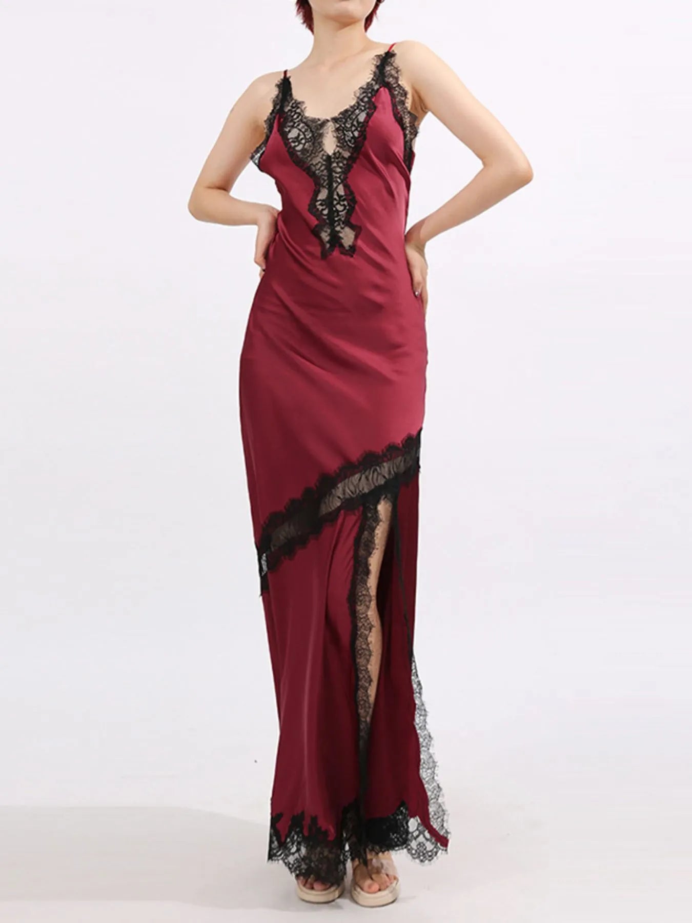Burgundy lace-detail slit maxi dress full silhouette