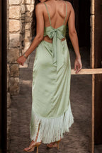 Square-neck fringe high-low dress side view