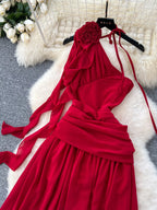 Red formal dress with floral shoulder detail