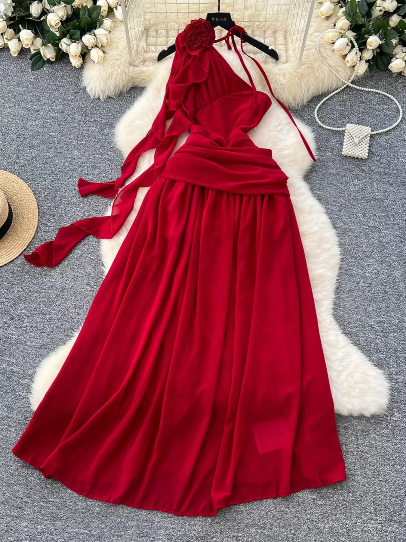 Red one-shoulder floral decor dress front view