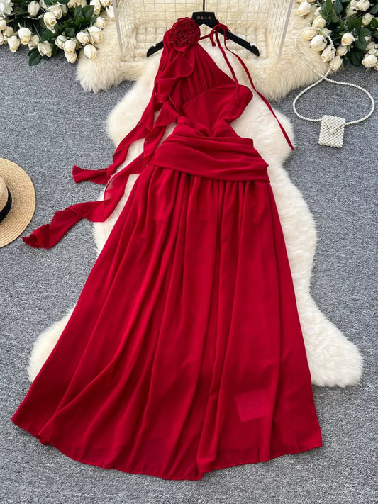 Red one-shoulder floral decor dress front view
