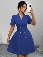 Royal blue double-breasted pleated blazer mini dress, front view.