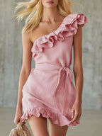 One-shoulder ruffle wrap mini dress front view