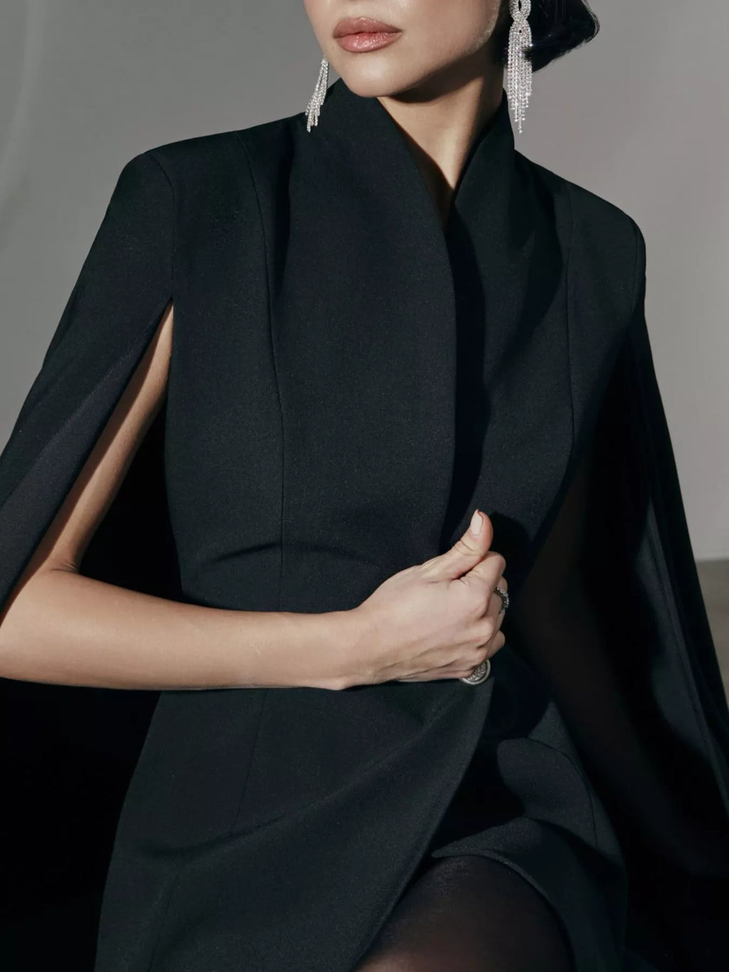 Black Cape-Sleeve Fitted Mini Blazer Dress – alternate view 5
