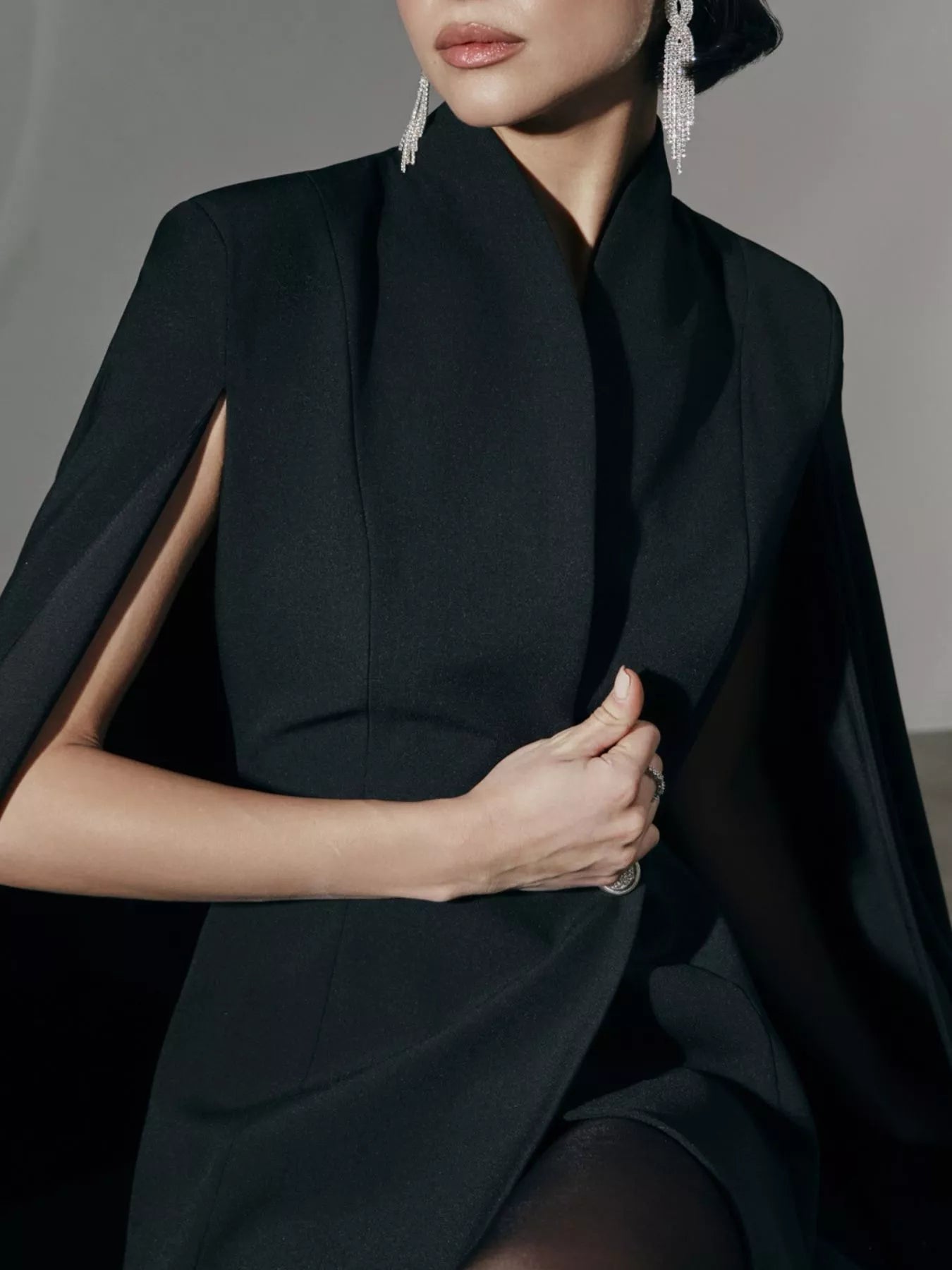Black Cape-Sleeve Fitted Mini Blazer Dress – alternate view 5