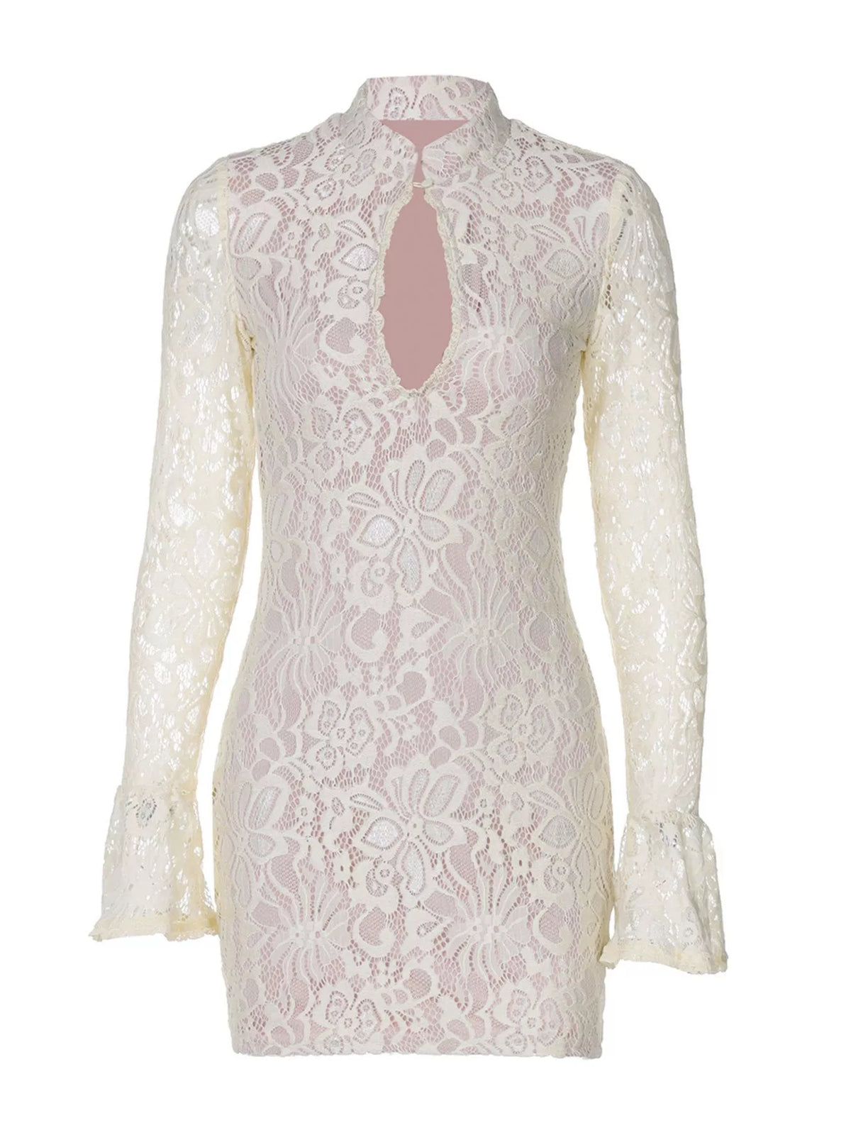 Ivory lace cutout long-sleeve mini dress, front view.