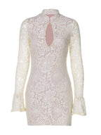 Ivory lace cutout long-sleeve mini dress, front view.