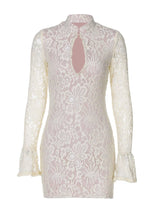 Ivory lace cutout long-sleeve mini dress, front view.