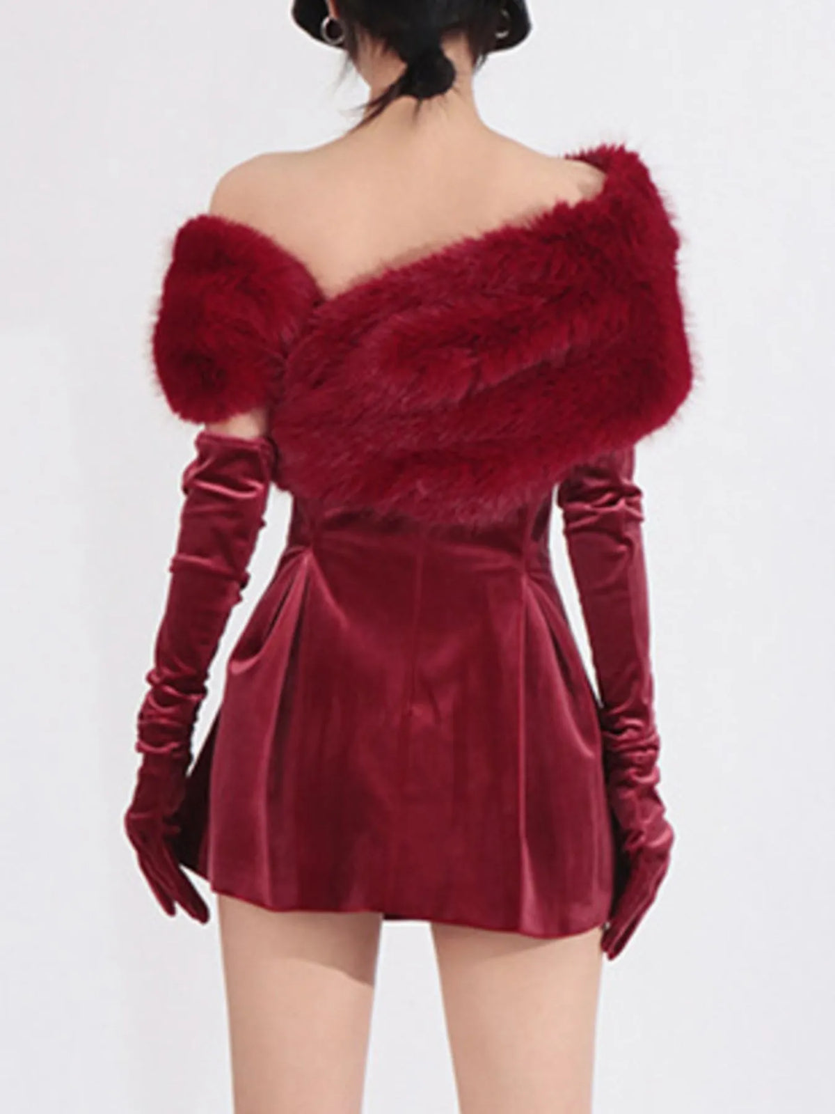Burgundy fuzzy-trim off-shoulder mini dress, back view