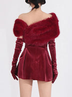 Burgundy fuzzy-trim off-shoulder mini dress, back view